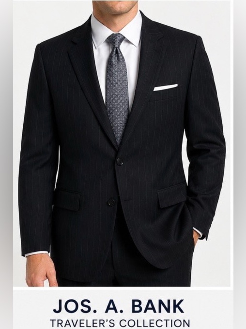 Jos. A. Bank Traveler’s Collection 46L 100% Wool Pinstripe Black Sport Coat